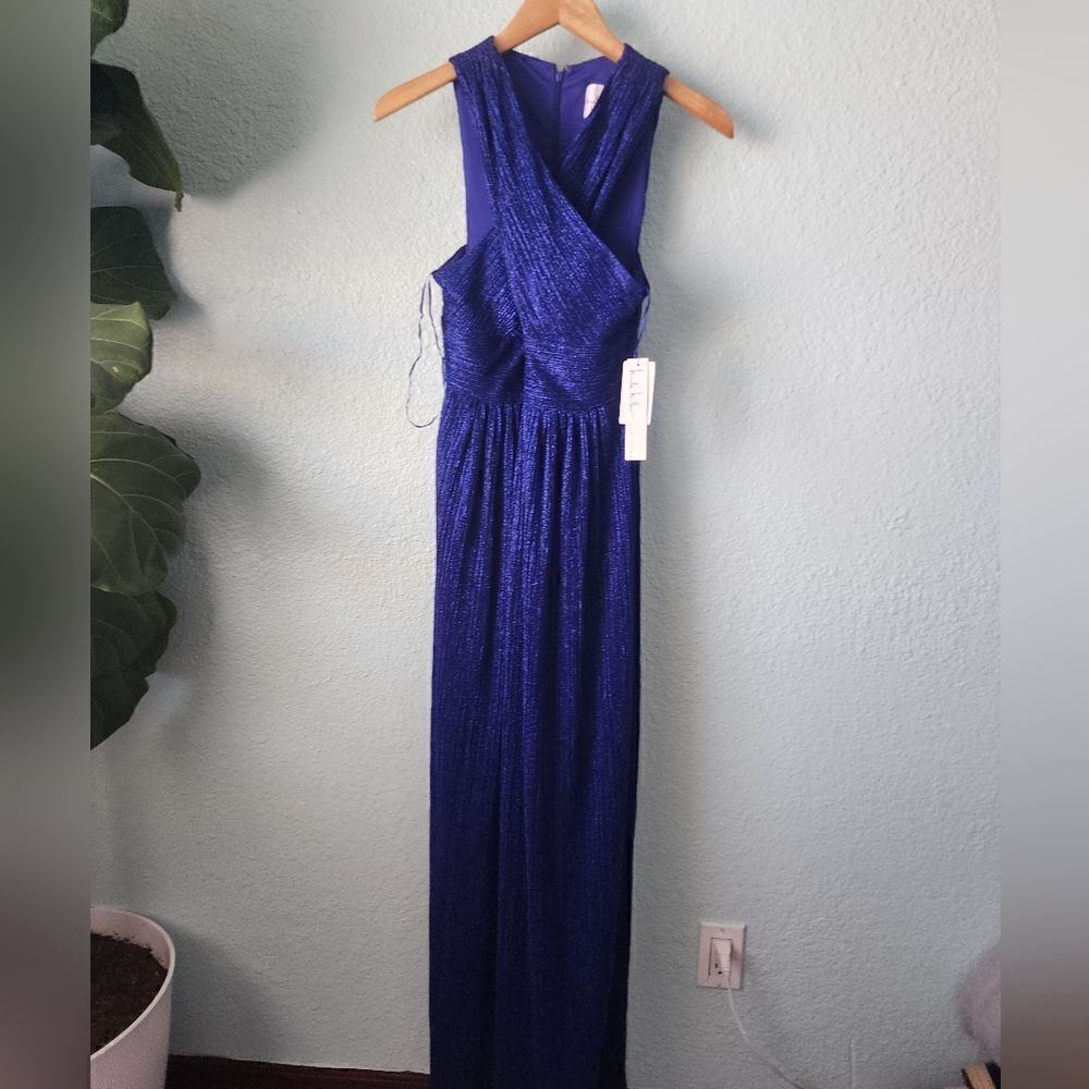 Nicole Miller evening dress crisscross halter glitter blue maxi special occasion